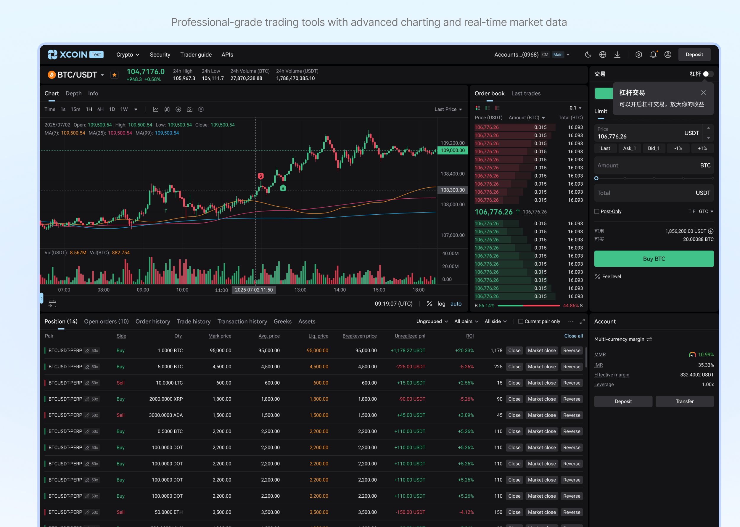 Dark professional BTC USDT trading terminal with chart, order book, order ticket, positions, and account margin panels.